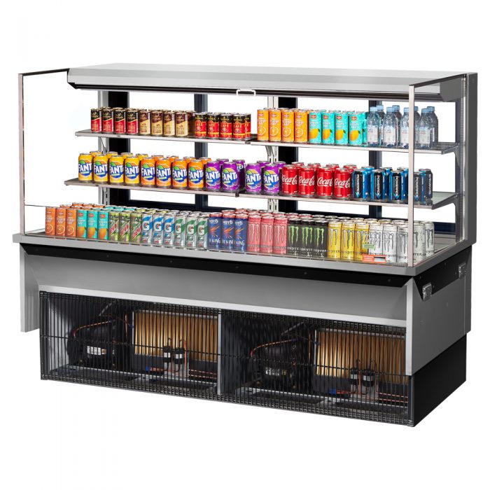 Turbo Air TOM-72L-UFD-S-3SI-N 70-3/4" Low Profile Drop In Open Display Merchandiser, 2 shelves, European Straight Style, Stainless Steel, 23.4 Cu. Ft.