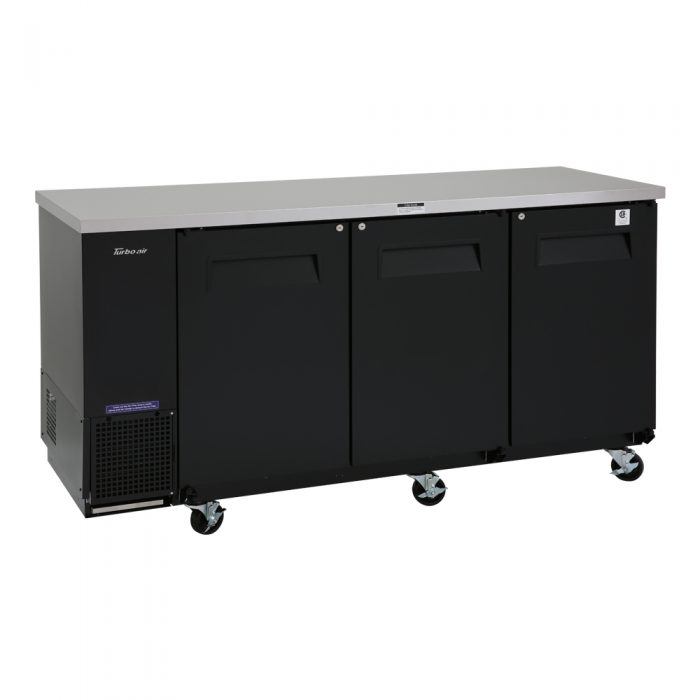 Turbo Air TBB-24-72SB-N6 24.5" Deep Narrow Back Bar Cooler, 3 Solid Door 73" Black Vinyl Exterior Back Bar Cooler, 20.6 Cu. Ft.
