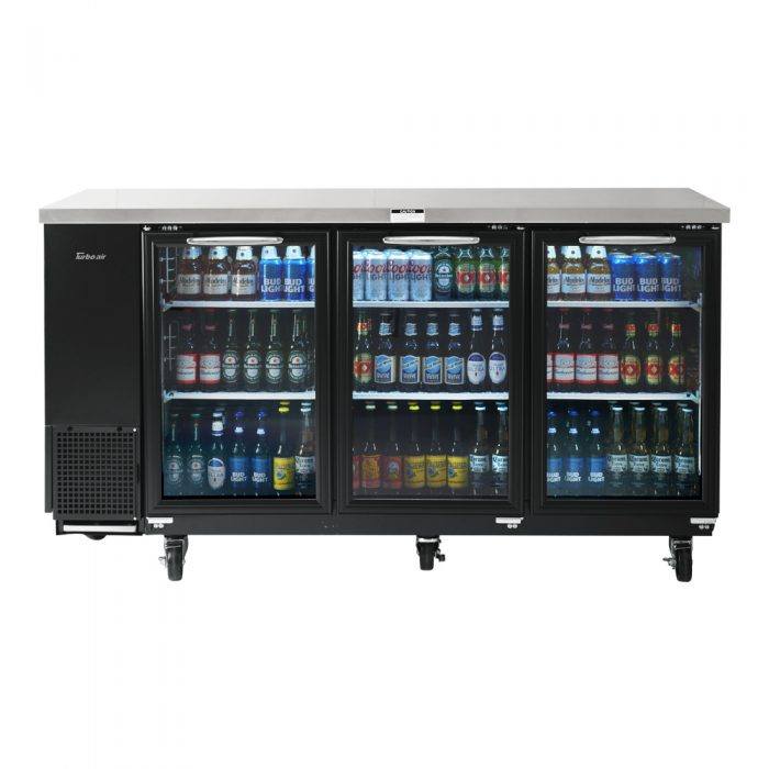 Turbo Air TBB-24-72SG-N 24.5" Deep Narrow Back Bar Cooler, 3 Glass Door 73" Black Vinyl Exterior Back Bar Cooler, 20.6 Cu. Ft.