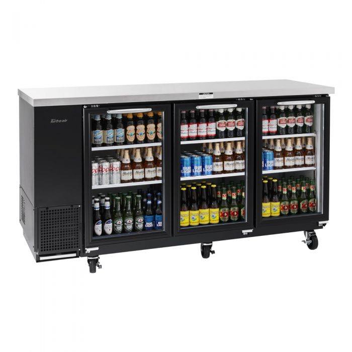Turbo Air TBB-24-72SG-N 24.5" Deep Narrow Back Bar Cooler, 3 Glass Door 73" Black Vinyl Exterior Back Bar Cooler, 20.6 Cu. Ft.