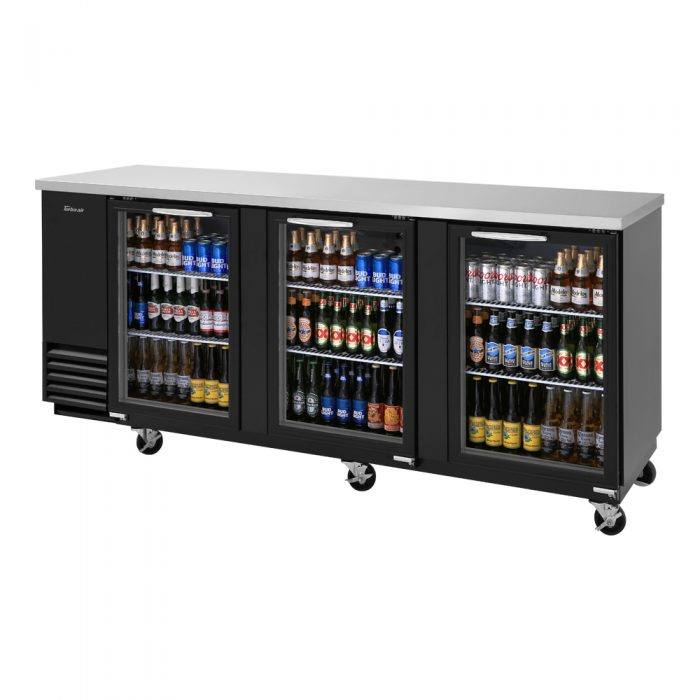 Turbo Air TBB-4SG-N 3 Glass Door 90" Back Bar Cooler, Black Vinyl Exterior, 36.4 Cu. Ft.
