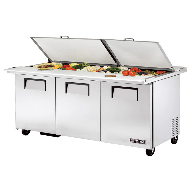 True TSSU-72-30M-B-DS-ST-HC Sandwich Prep Table, 72 3/8" Wide, 3 Doors, 6 Shelves, 30 Pans (Tops)
