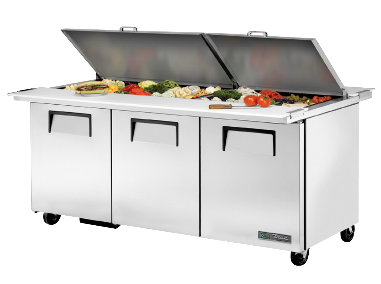 True TSSU-72-30M-B-DS-ST-HC Sandwich Prep Table, 72 3/8" Wide, 3 Doors, 6 Shelves, 30 Pans (Tops)