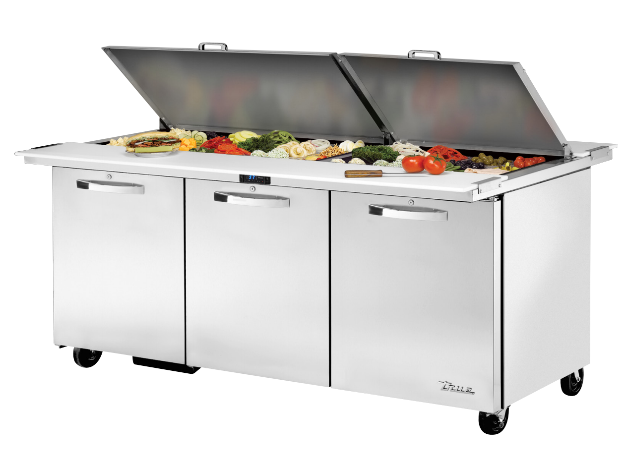 True TSSU-72-30M-B-DS-ST-HC~SPEC3 Sandwich Prep Table, 72 3/8" Wide, 3 Doors, 6 Shelves, 30 Pans (Tops)