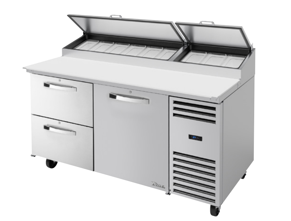 True TSSU-72-30M-B-DS-ST-ADA-HC~SPEC3 Sandwich Prep Table, 723/8" Wide, 3 Doors, 6 Shelves, 30 Pans (Tops)