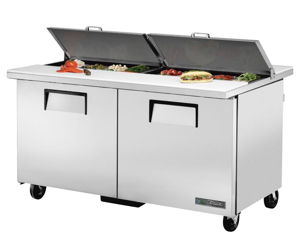 True TSSU-60-16-DS-ST-HC Sandwich Prep Table, 60 3/8" Wide, 2 Doors, 4 Shelves, 16 Pans (Tops)