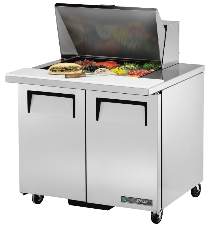 True TSSU-36-12M-B-HC Sandwich Prep Table, 36 3/8" Wide, 2 Doors, 4 Shelves, 12 Pans (Tops)