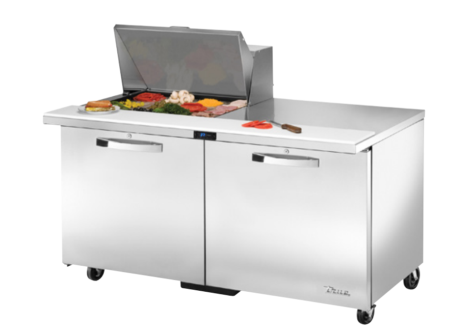 True TSSU-36-12M-B-HC~SPEC3 Sandwich Prep Table, 36 3/8" Wide, 2 Doors, 4 Shelves, 12 Pans (Tops)