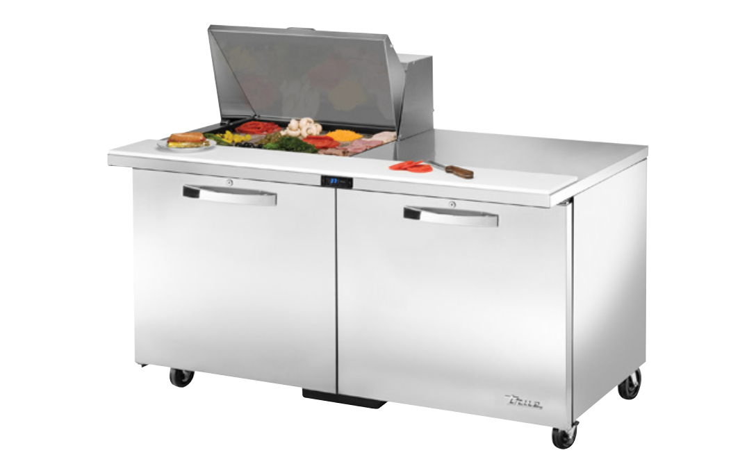 True TSSU-60-15M-B-HC~SPEC3 Sandwich Prep Table, 60 3/8" Wide, 2 Doors, 4 Shelves, 15 Pans (Tops)