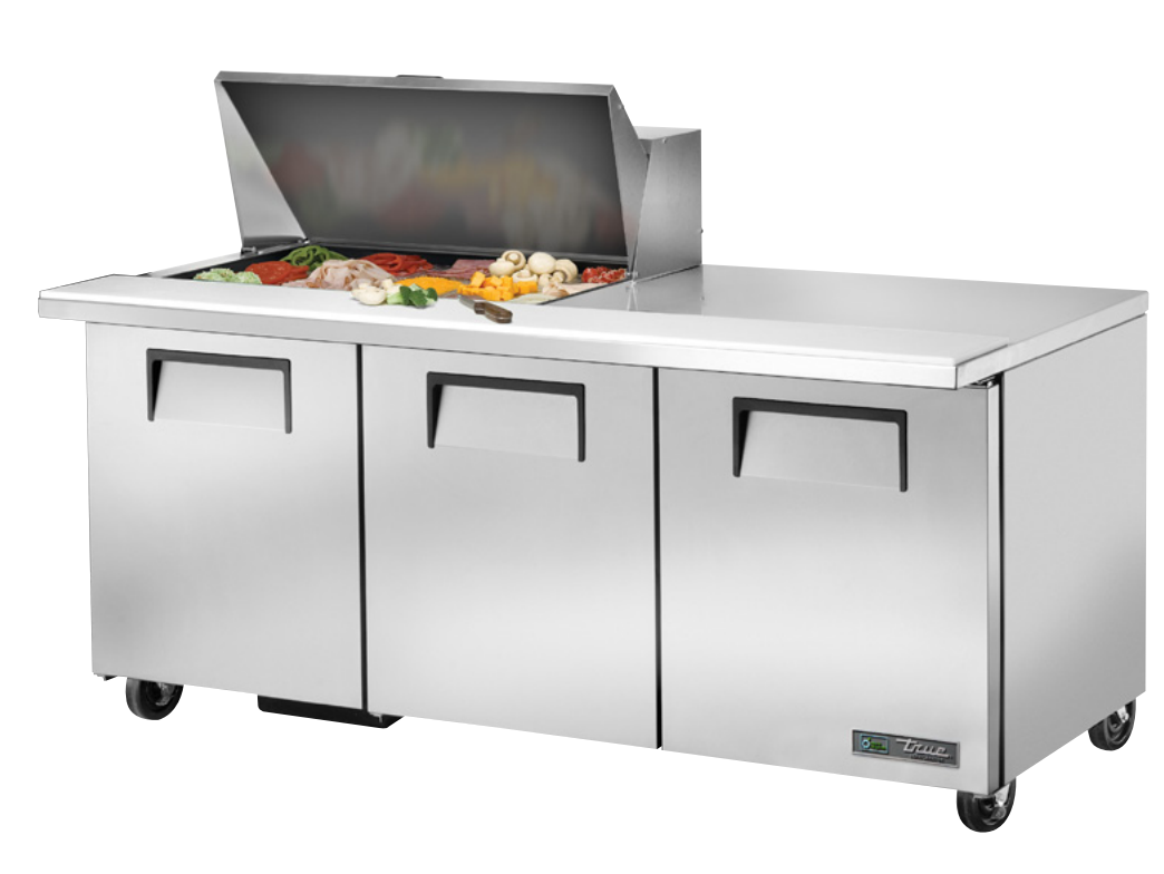 True TSSU-72-15M-B-HC Sandwich Prep Table, 72 3/8" Wide, 3 Doors, 6 Shelves, 15 Pans (Tops)