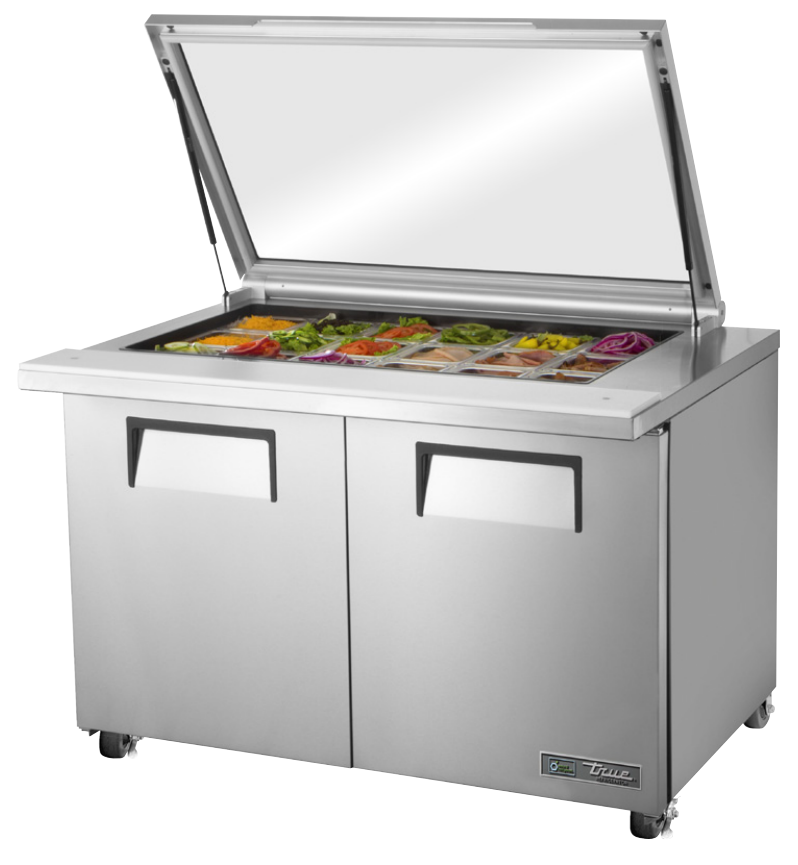 True TSSU-48-18M-B-FGLID-HC~SPEC3 Sandwich Prep Table, 48 3/8" Wide, 2 Doors, 4 Shelves, 18 Pans (Tops)