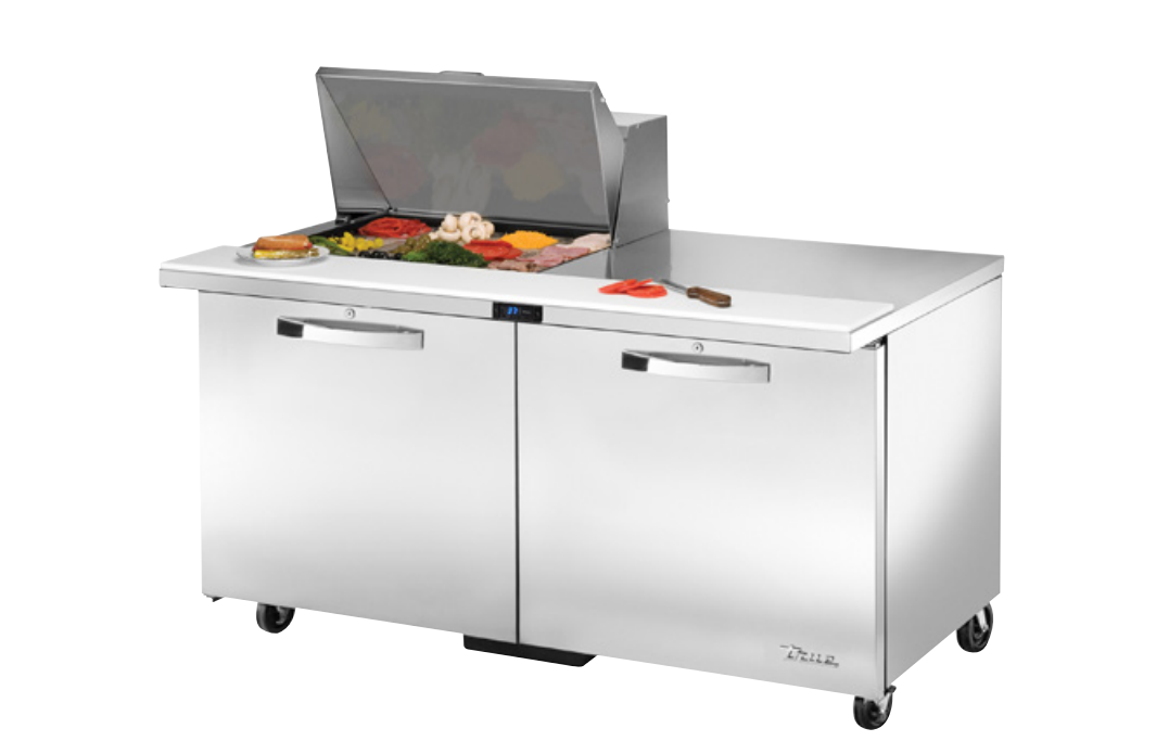 True TSSU-60-18M-B-HC~SPEC3 Sandwich Prep Table, 60 3/8" Wide, 2 Doors, 4 Shelves, 18 Pans (Tops)