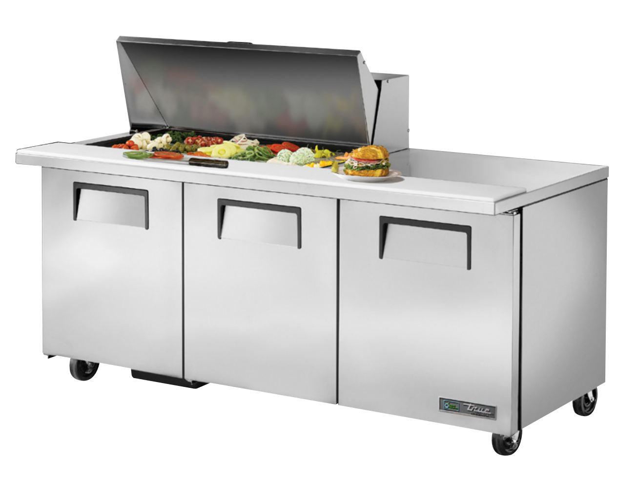 True TSSU-72-18M-B-HC Sandwich Prep Table, 72 3/8" Wide, 3 Doors, 6 Shelves, 18 Pans (Tops)