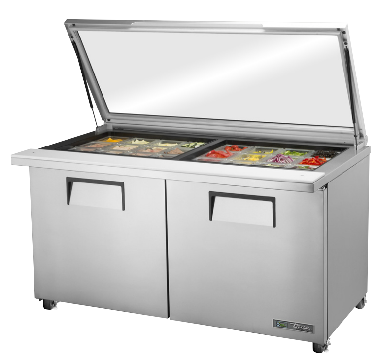 True TSSU-60-24M-B-ST-FGLID-HC Sandwich Prep Table, 60 3/8" Wide, 2 Doors, 4 Shelves, 24 Pans (Tops)