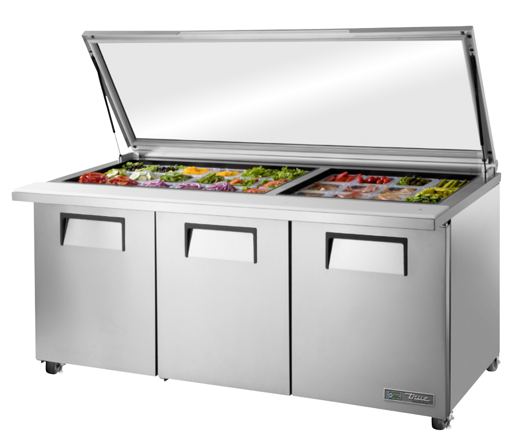 True TSSU-72-30M-B-ST-FGLID-HC Sandwich Prep Table, 72 3/8" Wide, 3 Doors, 6 Shelves, 30 Pans (Tops)