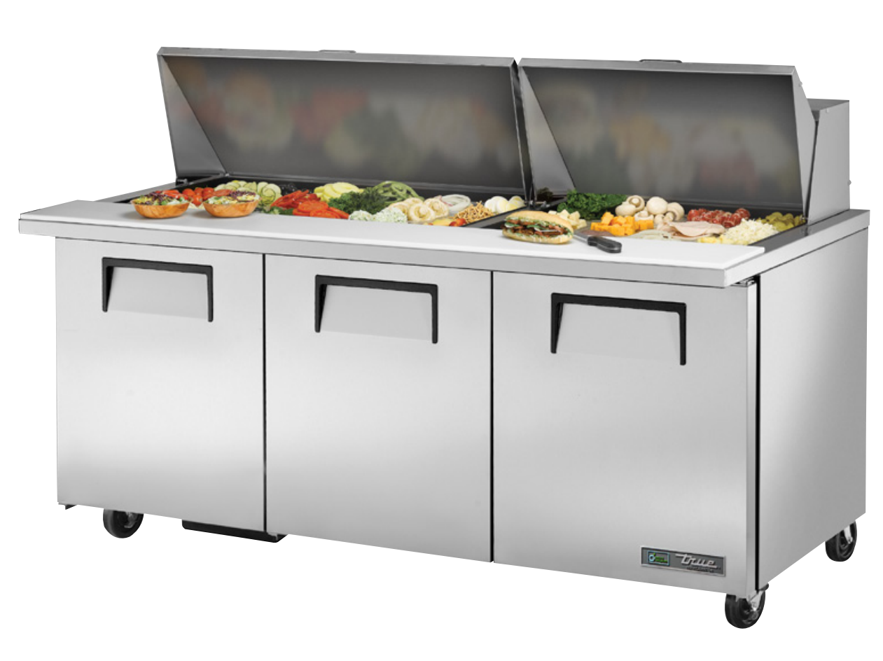 True TSSU-72-30M-B-ST-HC Sandwich Prep Table, 72 3/8" Wide, 3 Doors, 6 Shelves, 30 Pans (Tops)