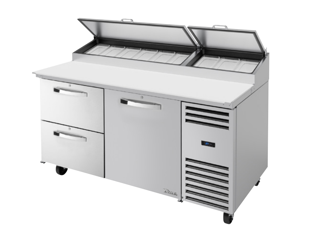 True TSSU-72-30M-B-ST-HC~SPEC3 Sandwich Prep Table, 72 3/8" Wide, 3 Doors, 6 Shelves, 30 Pans (Tops)