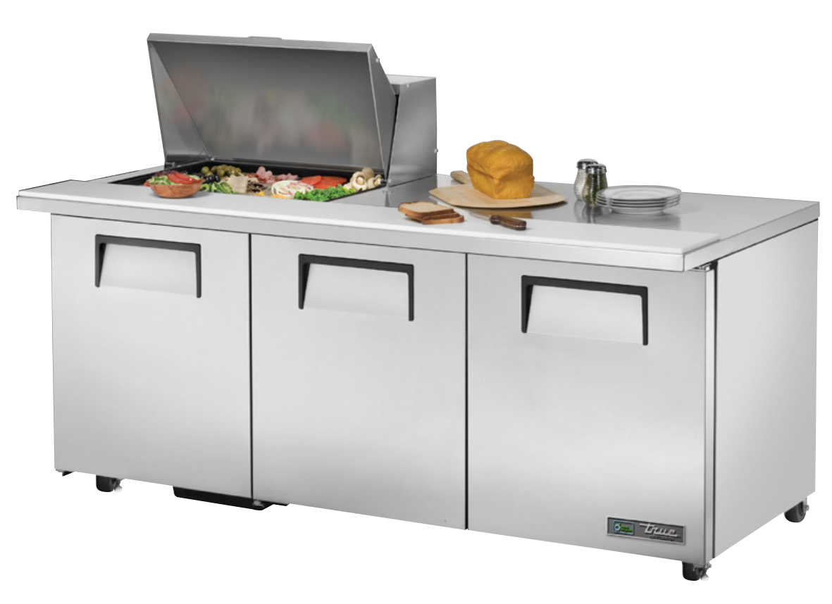 True TSSU-72-12M-B-ADA-HC Sandwich Prep Table, 723/8" Wide, 3 Doors, 6 Shelves, 12 Pans (Tops)
