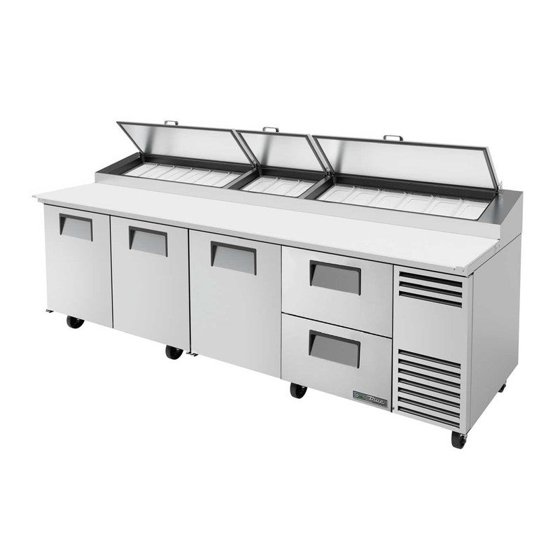 True TPP-AT-119D-2-HC Pizza Prep Table, 119 1/4" Wide, 3 Doors, 8 Shelves, 15 Pans (Tops)