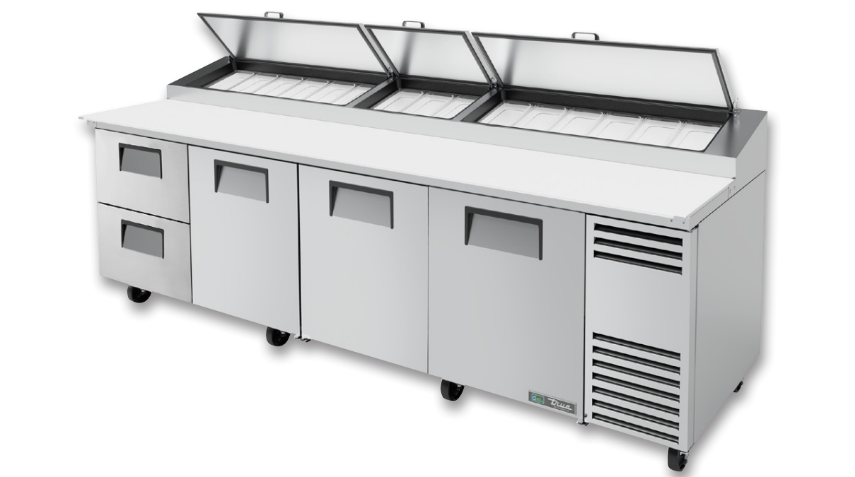 True TPP-AT-119D-2-HC Pizza Prep Table, 119 1/4" Wide, 3 Doors, 8 Shelves, 15 Pans (Tops)