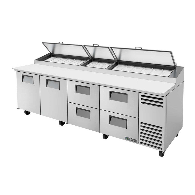 True TPP-AT-119D-4-HC Pizza Prep Table, 119 1/4" Wide, 2 Doors, 4 Shelves, 15 Pans (Tops)
