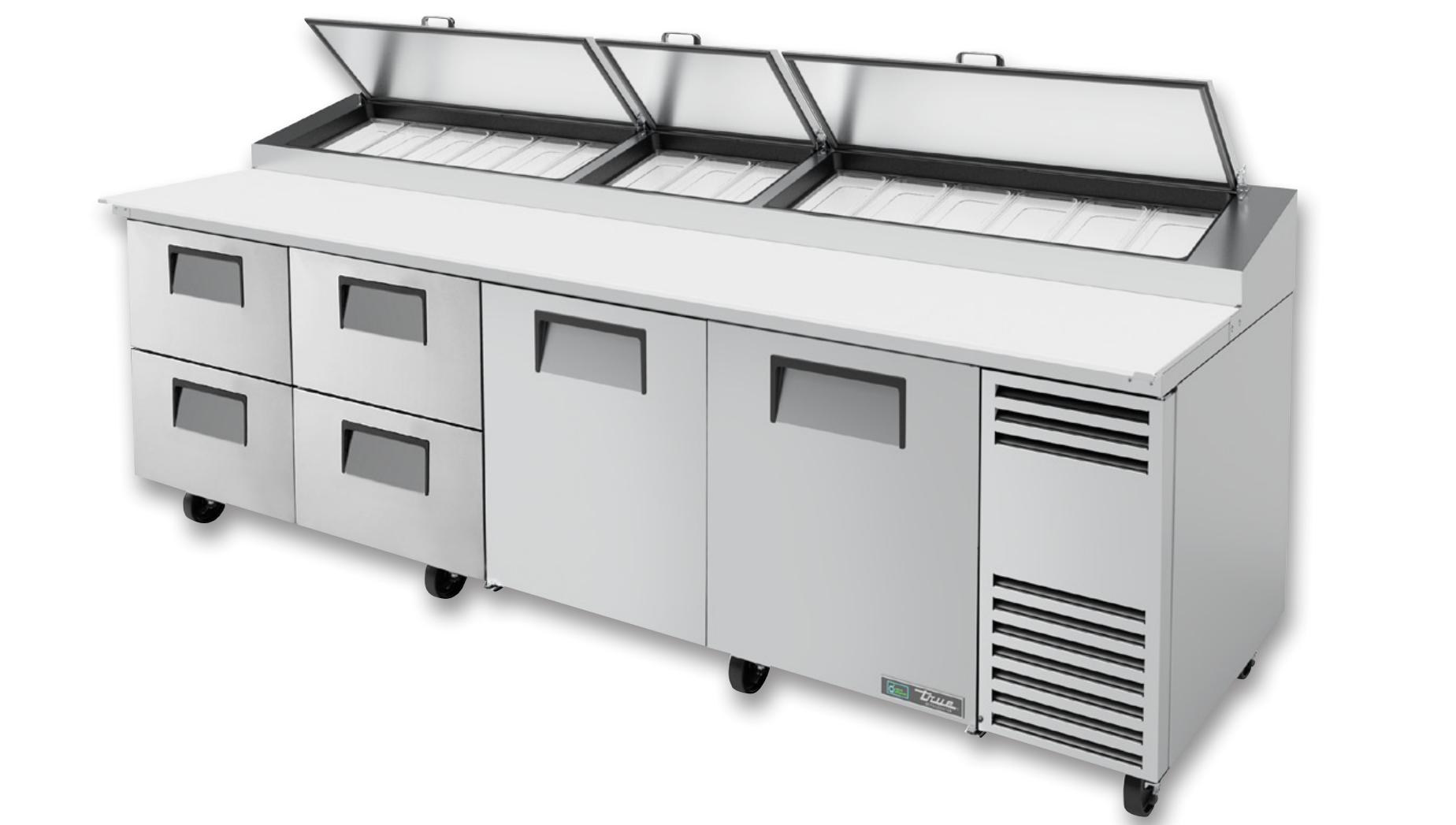 True TPP-AT-119D-4-HC Pizza Prep Table, 119 1/4" Wide, 2 Doors, 4 Shelves, 15 Pans (Tops)