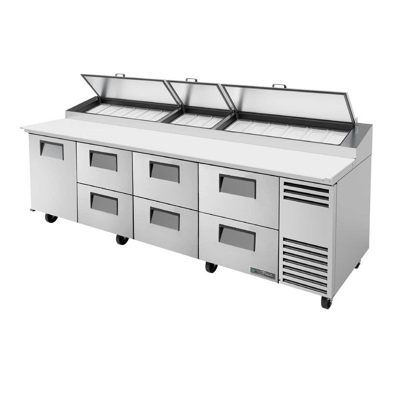 True TPP-AT-119D-6-HC Pizza Prep Table, 119 1/4" Wide, 1 Door, 2 Shelves, 15 Pans (Tops)