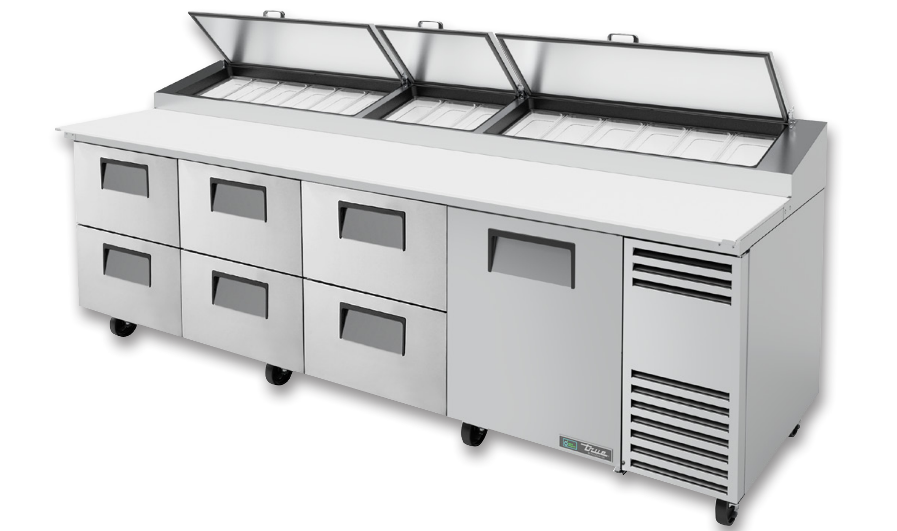 True TPP-AT-119D-6-HC Pizza Prep Table, 119 1/4" Wide, 1 Door, 2 Shelves, 15 Pans (Tops)