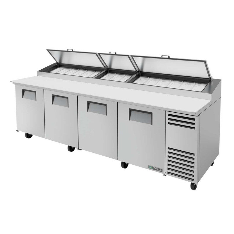 True TPP-AT-119-HC Pizza Prep Table, 119 1/4" Wide, 4 Doors, 8 Shelves, 15 Pans (Tops)