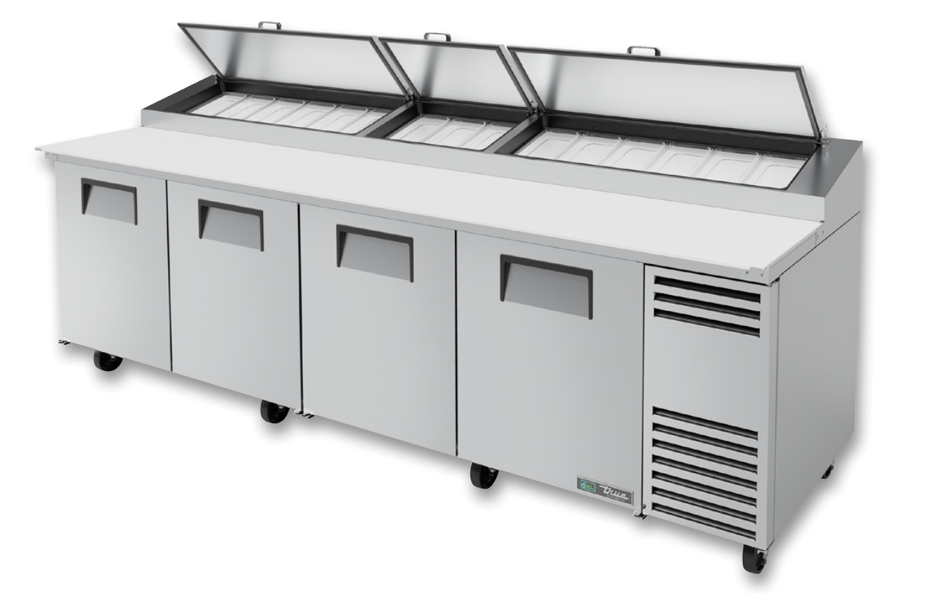 True TPP-AT-119-HC Pizza Prep Table, 119 1/4" Wide, 4 Doors, 8 Shelves, 15 Pans (Tops)