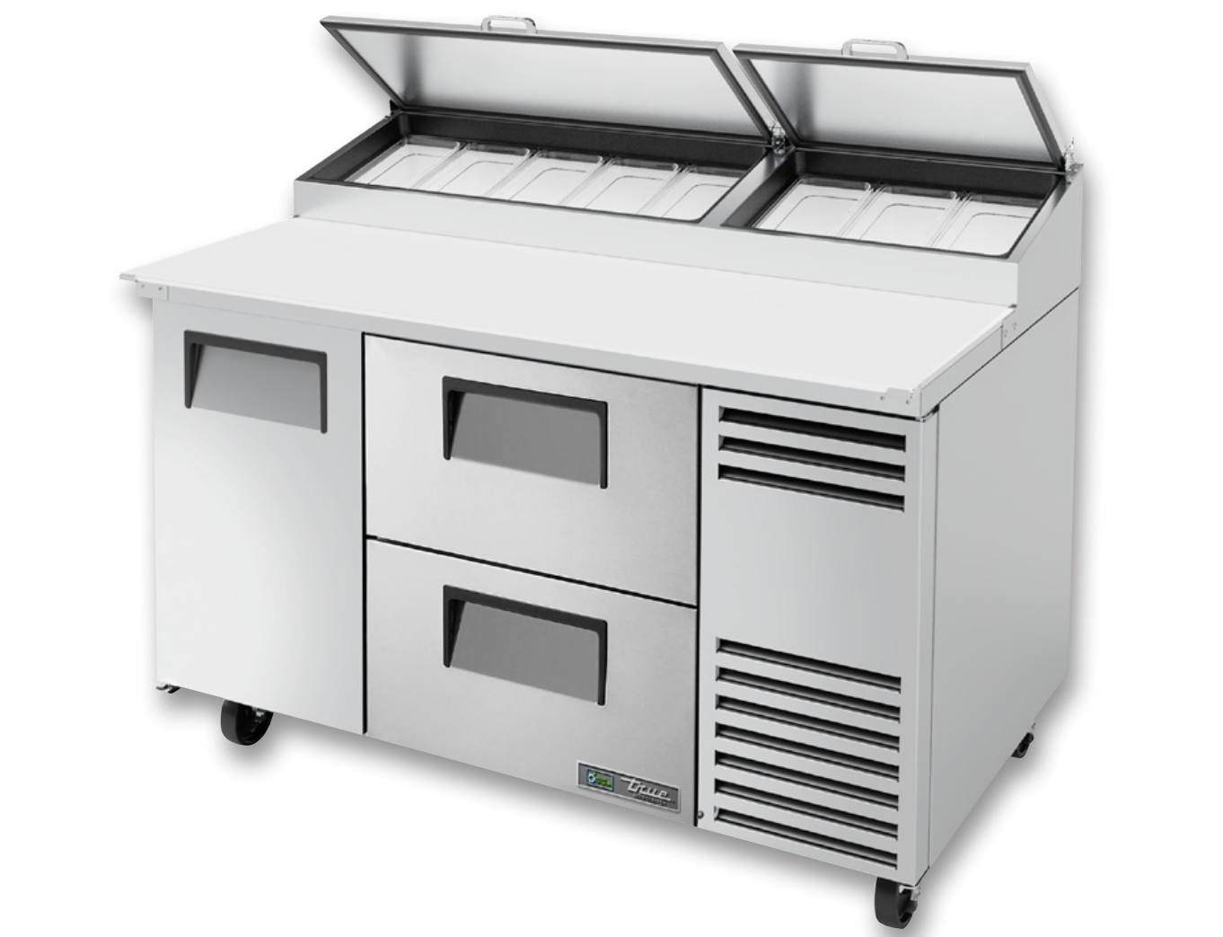 True TPP-AT-60D-2-HC Pizza Prep Table, 60 1/4" Wide, 1 Door, 2 Shelves, 8 Pans (Tops)