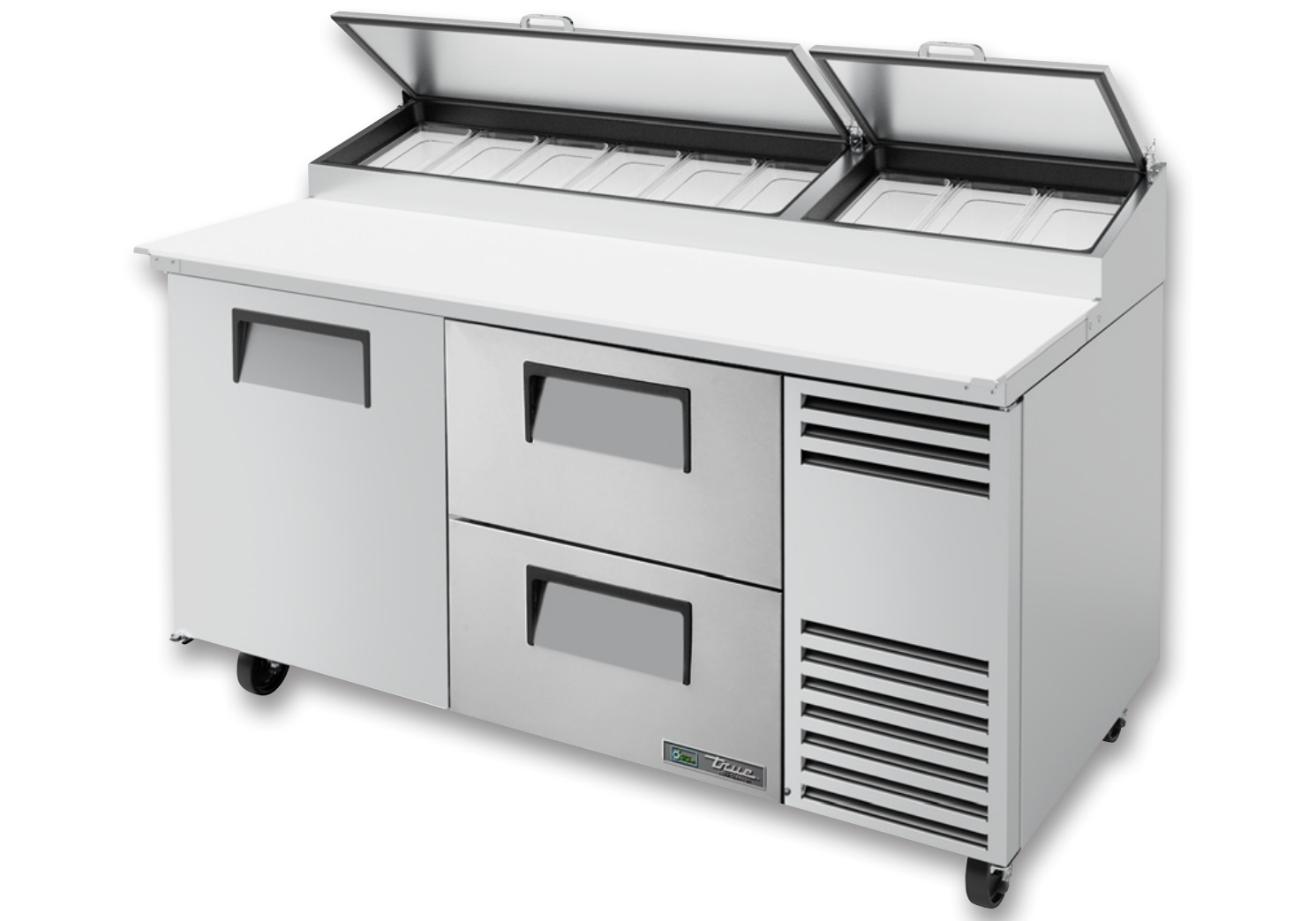 True TPP-AT-67D-2-HC Pizza Prep Table, 67 3/8" Wide, 1 Door, 2 Shelves, 9 Pans (Tops)