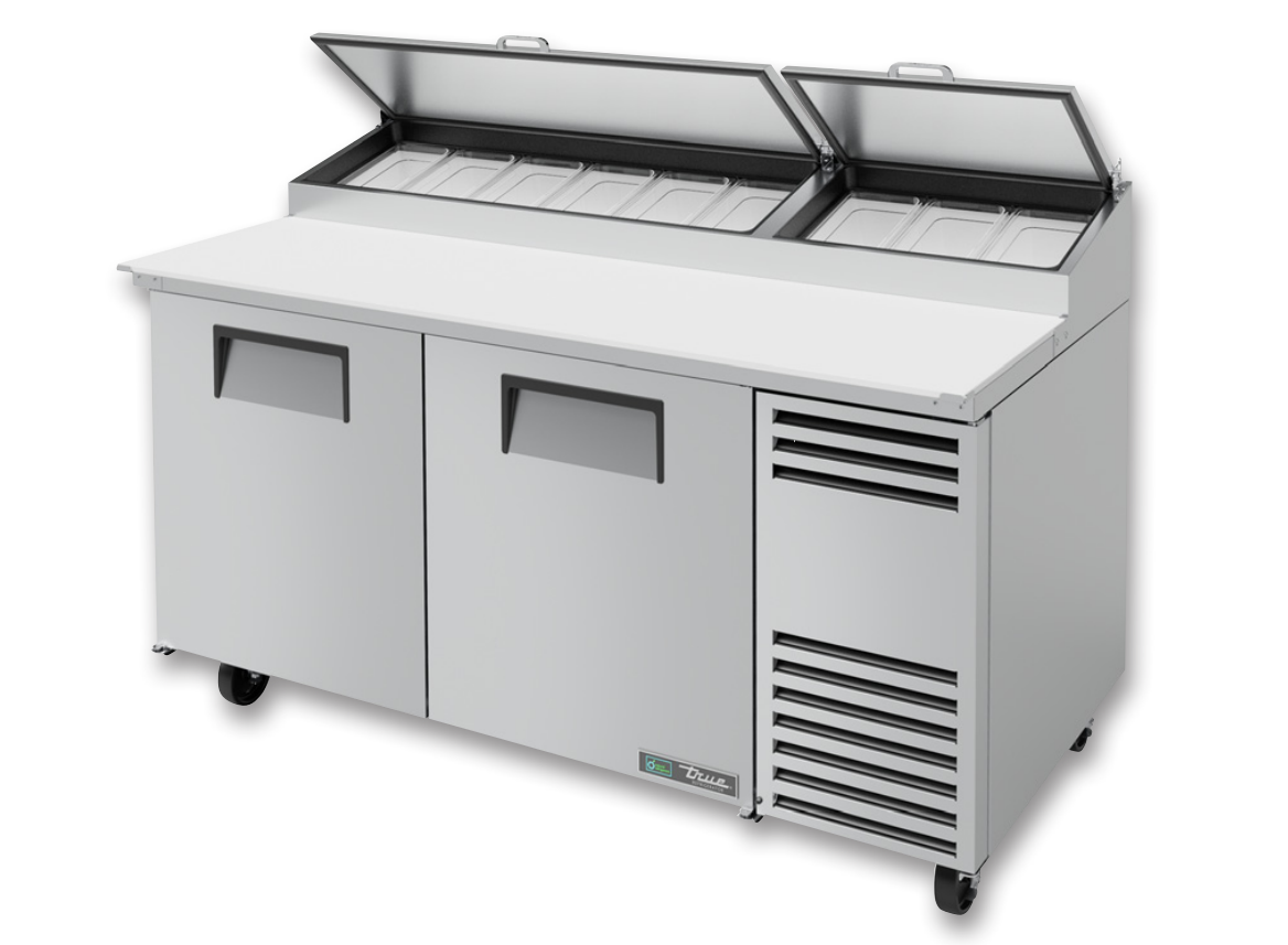 True TPP-AT-67-HC Pizza Prep Table, 67 3/8" Wide, 2 Doors, 4 Shelves, 9 Pans (Tops)