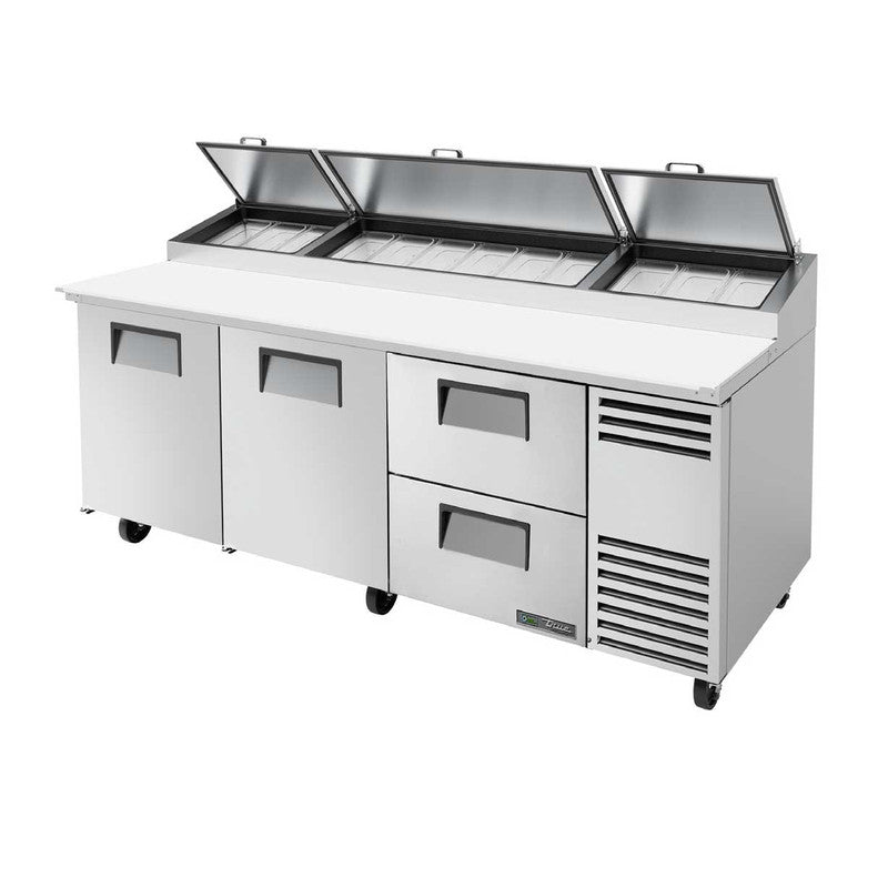 True TPP-AT-93D-2-HC Pizza Prep Table, 93 1/2" Wide, 2 Doors, 4 Shelves, 12 Pans (Tops)
