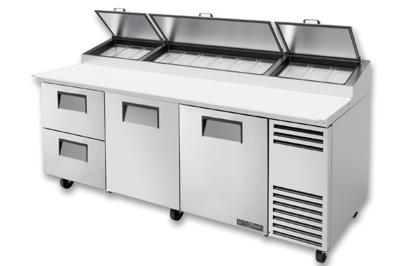 True TPP-AT-93D-2-HC Pizza Prep Table, 93 1/2" Wide, 2 Doors, 4 Shelves, 12 Pans (Tops)