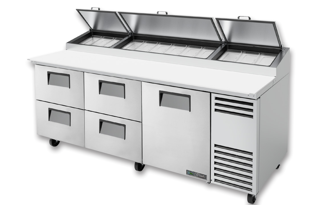 True TPP-AT-93D-4-HC Pizza Prep Table, 93 1/2" Wide, 1 Door, 2 Shelves, 12 Pans (Tops)