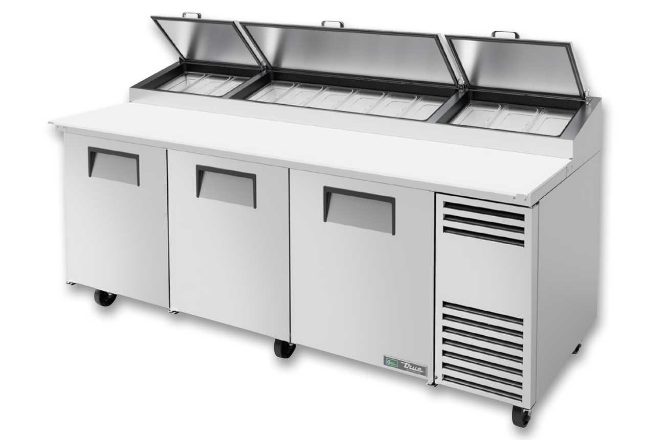 True TPP-AT-93-HC Pizza Prep Table, 93 1/2" Wide, 3 Doors, 6 Shelves, 12 Pans (Tops)
