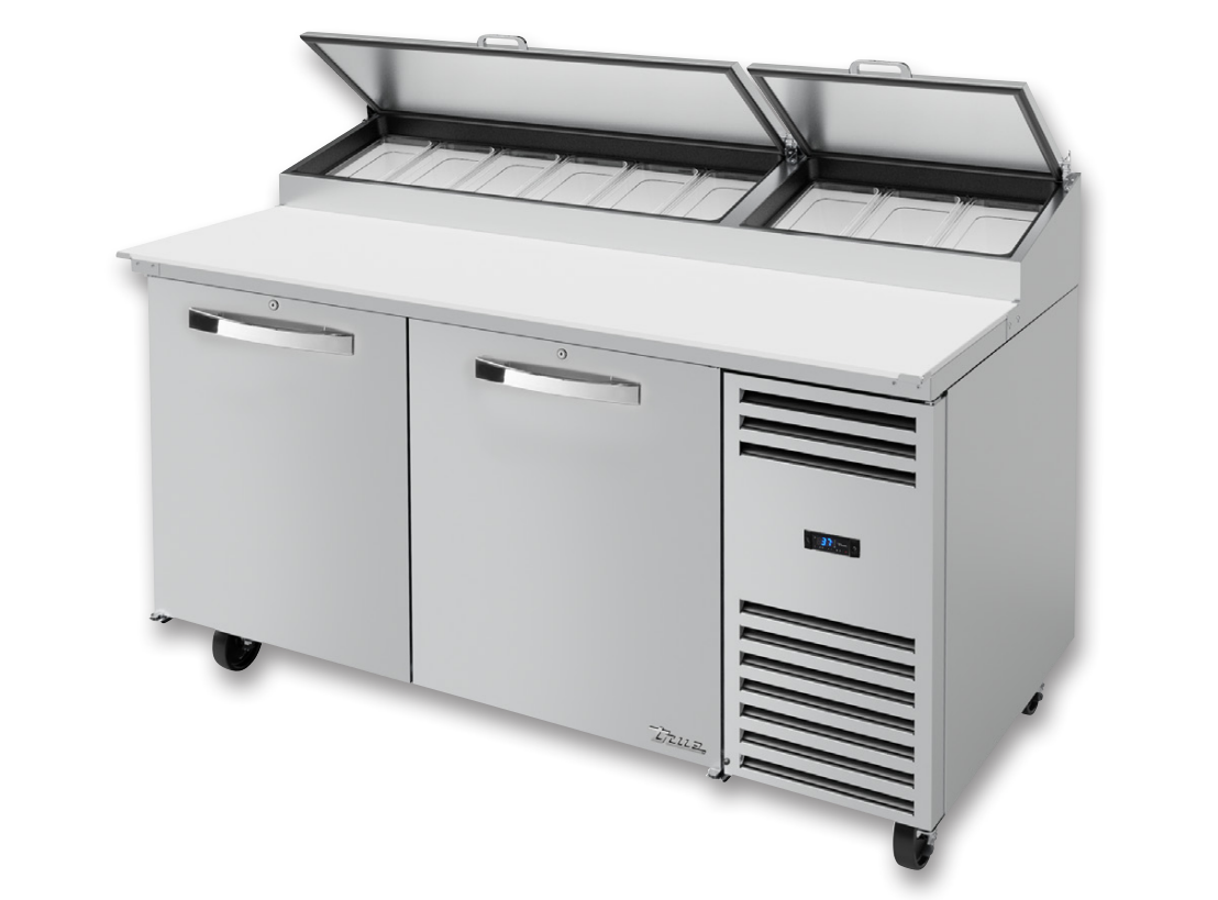 True TPP-AT-67-HC~SPEC3 Pizza Prep Table, 67 3/8" Wide, 2 Doors, 4 Shelves, 9 Pans (Tops)