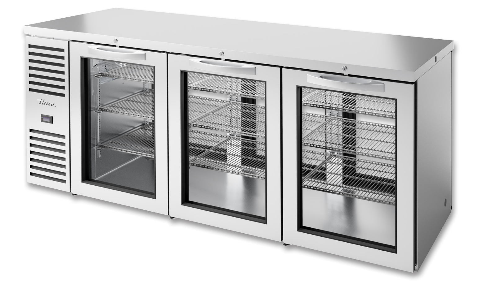 True TBR84-PTSZ1-L-S-GGG-GGG-1 Pass-Thru Back Bar Cooler, 84" Wide, 3 Doors