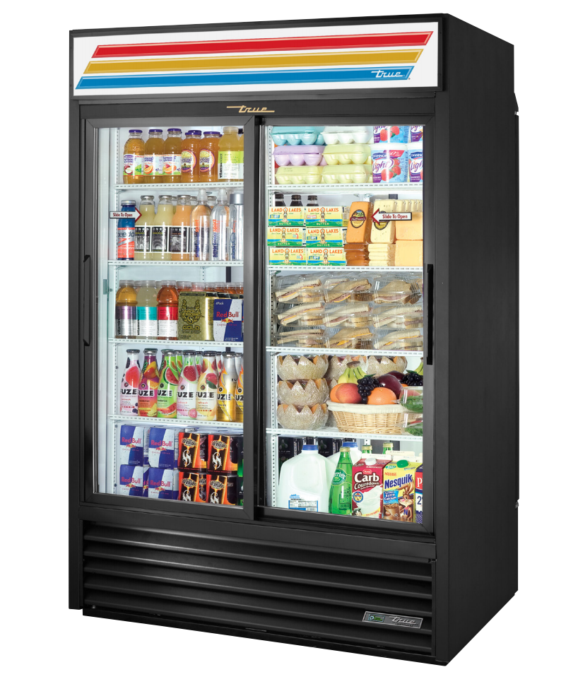 True GDM-47RL-HC-LD Merchandiser Refrigerator, 54 1/8" Wide, 2 Front / 2 Back Doors, 8 Shelves