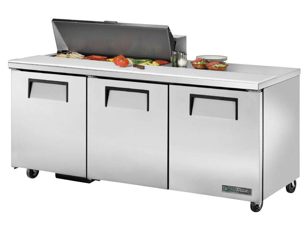 True TSSU-72-10-HC~SPEC3 Sandwich Prep Table, 72 3/8" Wide, 3 Doors, 6 Shelves, 10 Pans (Tops)