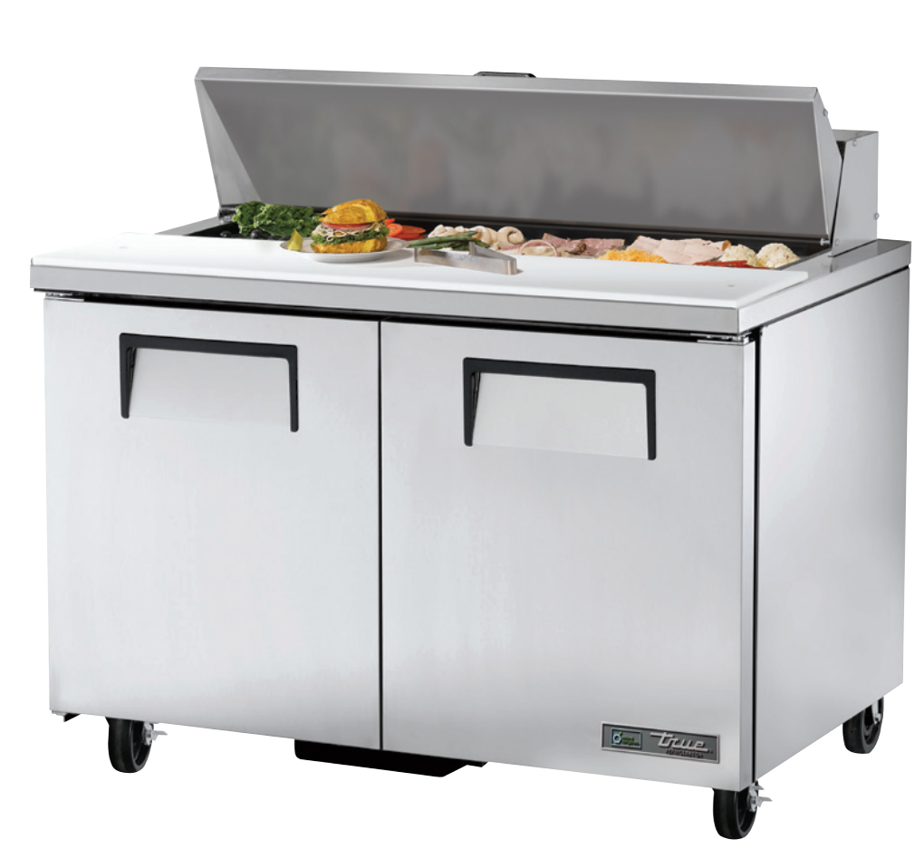 True TSSU-48-12-HC~SPEC3 Sandwich Prep Table, 48 3/8" Wide, 2 Doors, 4 Shelves, 12 Pans (Tops)