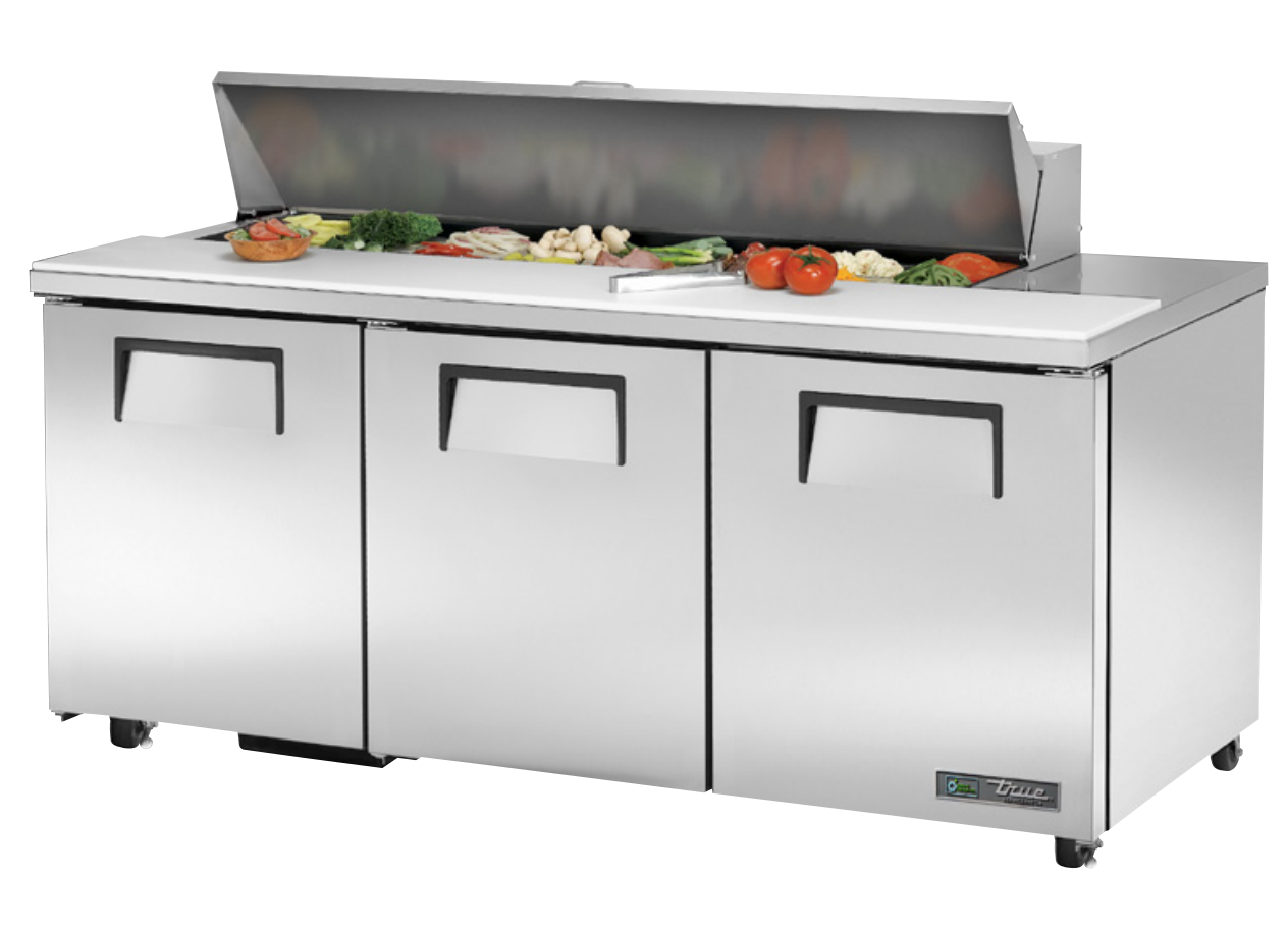 True TSSU-72-16-HC Sandwich Prep Table, 72 3/8" Wide, 3 Doors, 6 Shelves, 16 Pans (Tops)