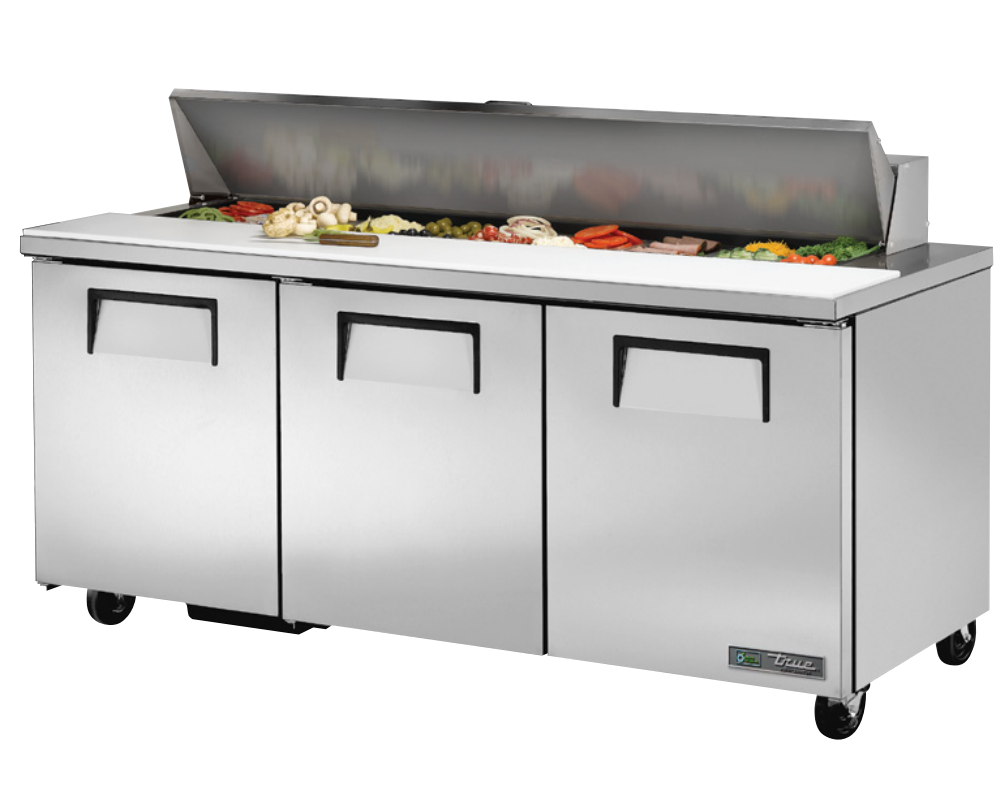 True TSSU-72-18-HC~SPEC3 Sandwich Prep Table, 72 3/8" Wide, 3 Doors, 6 Shelves, 18 Pans (Tops)