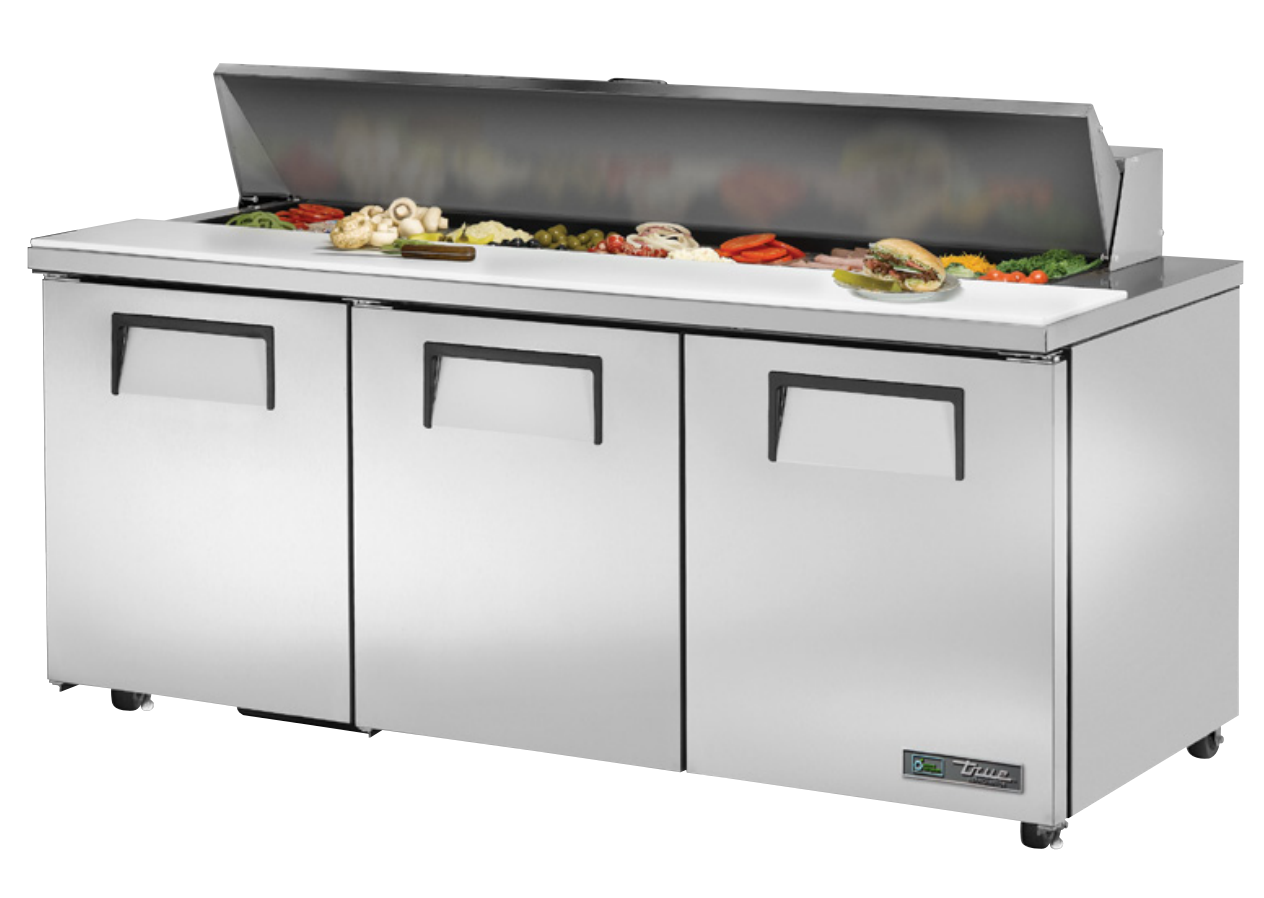 True TSSU-72-18-ADA-HC Sandwich Prep Table, 723/8" Wide, 3 Doors, 6 Shelves, 18 Pans (Tops)