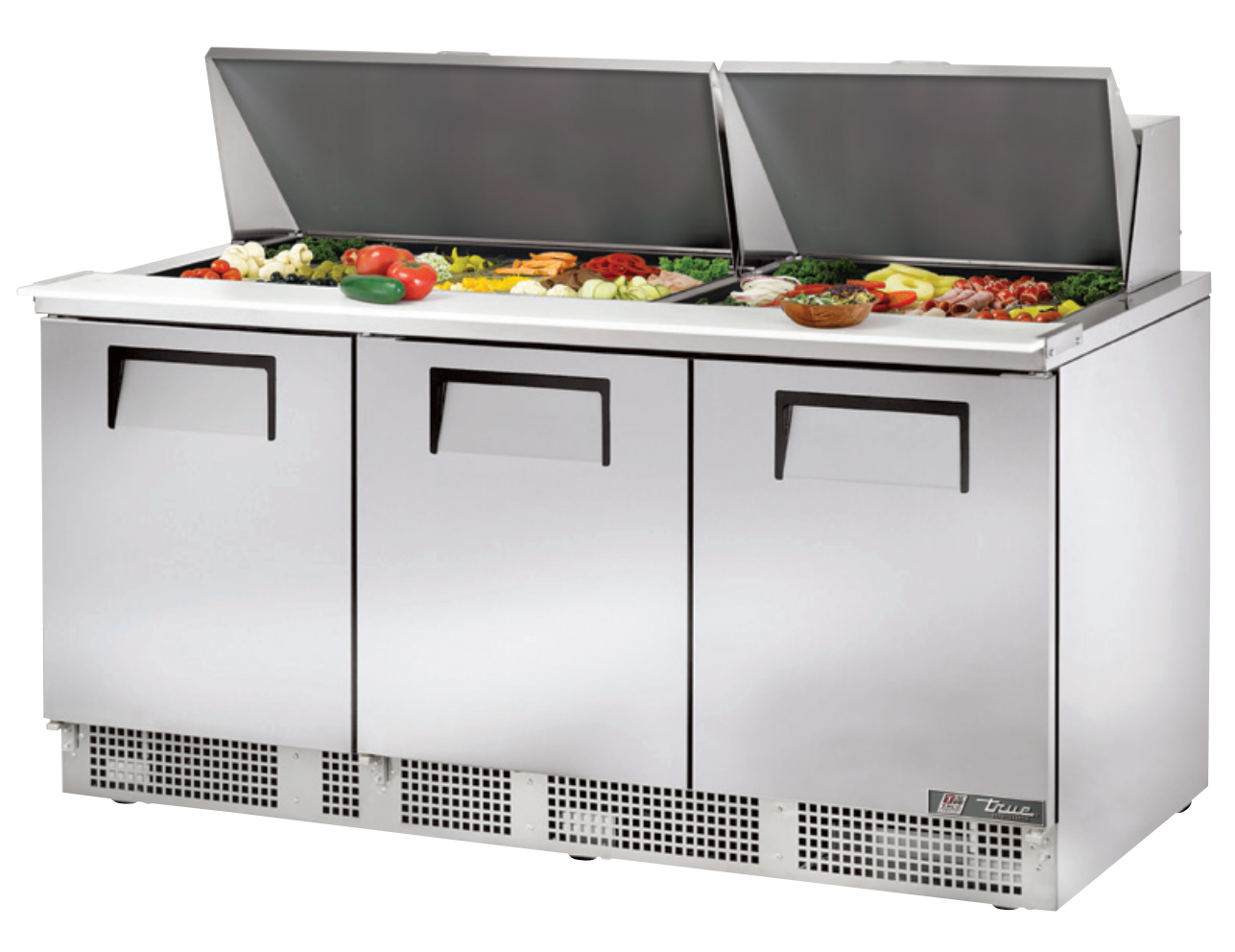 True TFP-72-30M~SPEC3 Sandwich Prep Table, 72 1/8" Wide, 3 Doors, 6 Shelves, 30 Pans (Tops)