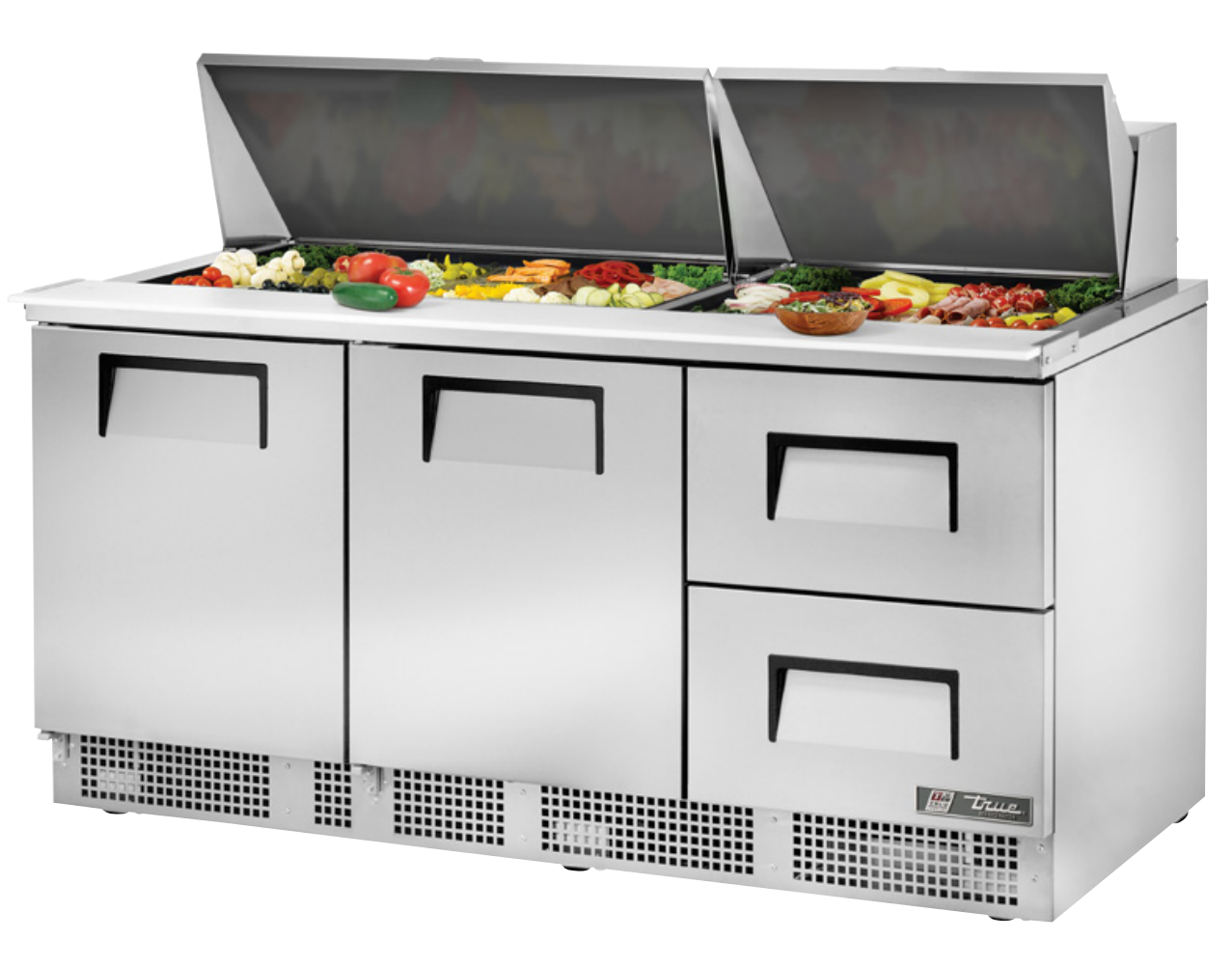 True TFP-72-30M-D-2 Sandwich Prep Table, 72 1/8" Wide, 2 Doors, 4 Shelves, 30 Pans (Tops)
