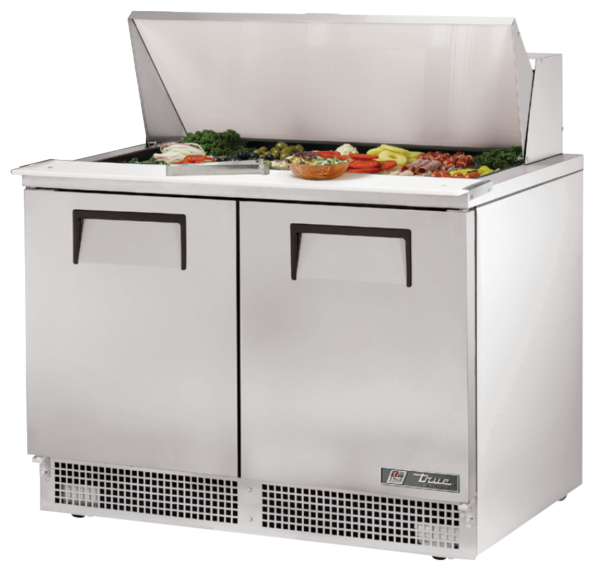 True TFP-48-18M~SPEC3 Sandwich Prep Table, 48 1/8" Wide, 2 Doors, 4 Shelves, 18 Pans (Tops)