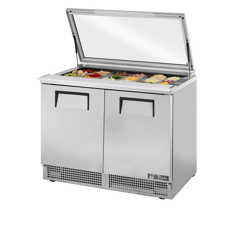 True TFP-48-18M-FGLID Sandwich Prep Table, 48 1/8" Wide, 2 Doors, 4 Shelves, 18 Pans (Tops)