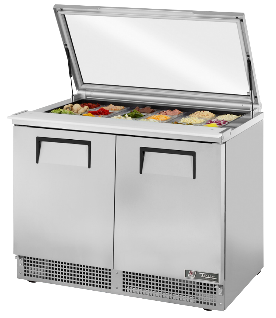 True TFP-48-18M-FGLID~SPEC3 Sandwich Prep Table, 48 1/8" Wide, 2 Doors, 4 Shelves, 18 Pans (Tops)